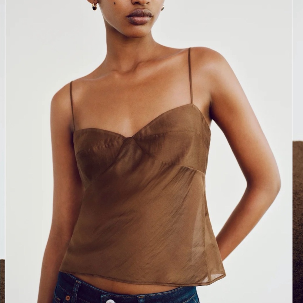 Reformation Aloulette Brown Sheer Spaghetti-Strap Cami